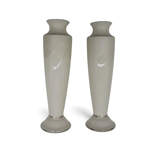 LENOX Opal Innocence Wedding Promises Bud Vase Duo Vintage 8" Tall - Picture 3 of 10